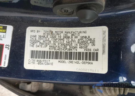 2013 Toyota Corolla S z USA, uszkodzony, nr VIN 5YFBU4EE4DP208774